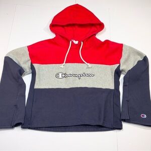 Champion Reverse Weave Colorblock Red Grey Blue Cropped Hoodie Women’s Medium